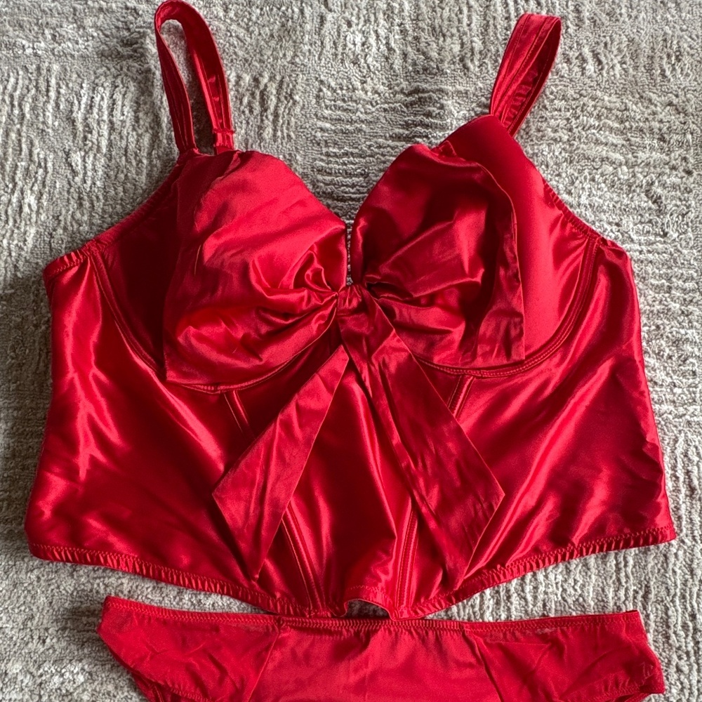Adore Me Red Satin Corset Set 40D Large NWT 2pc Bustier & Panty Valentine Bridal